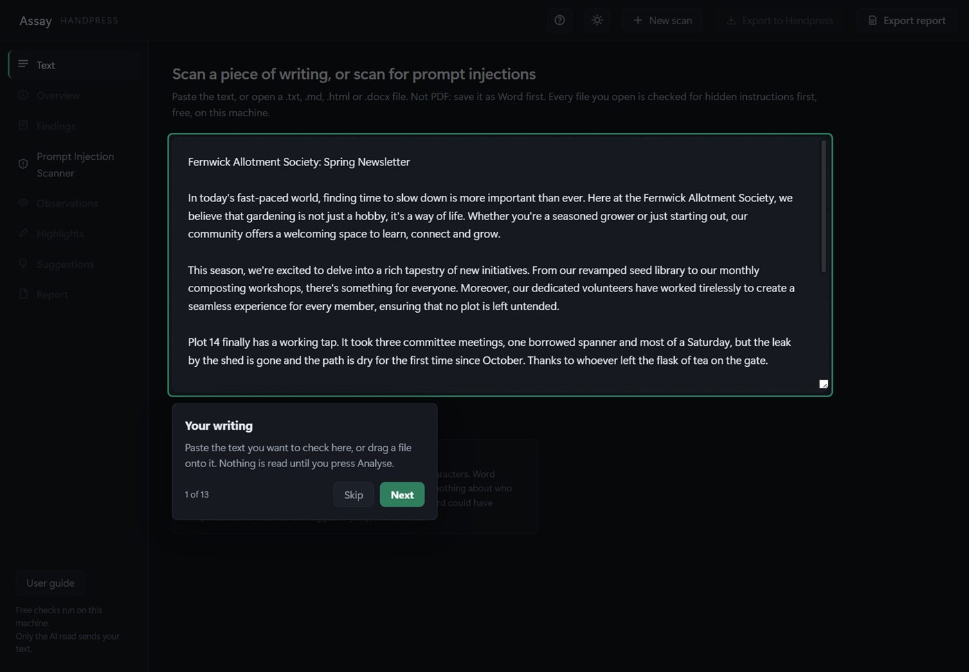 The walkthrough highlighting the text box, with a card explaining it