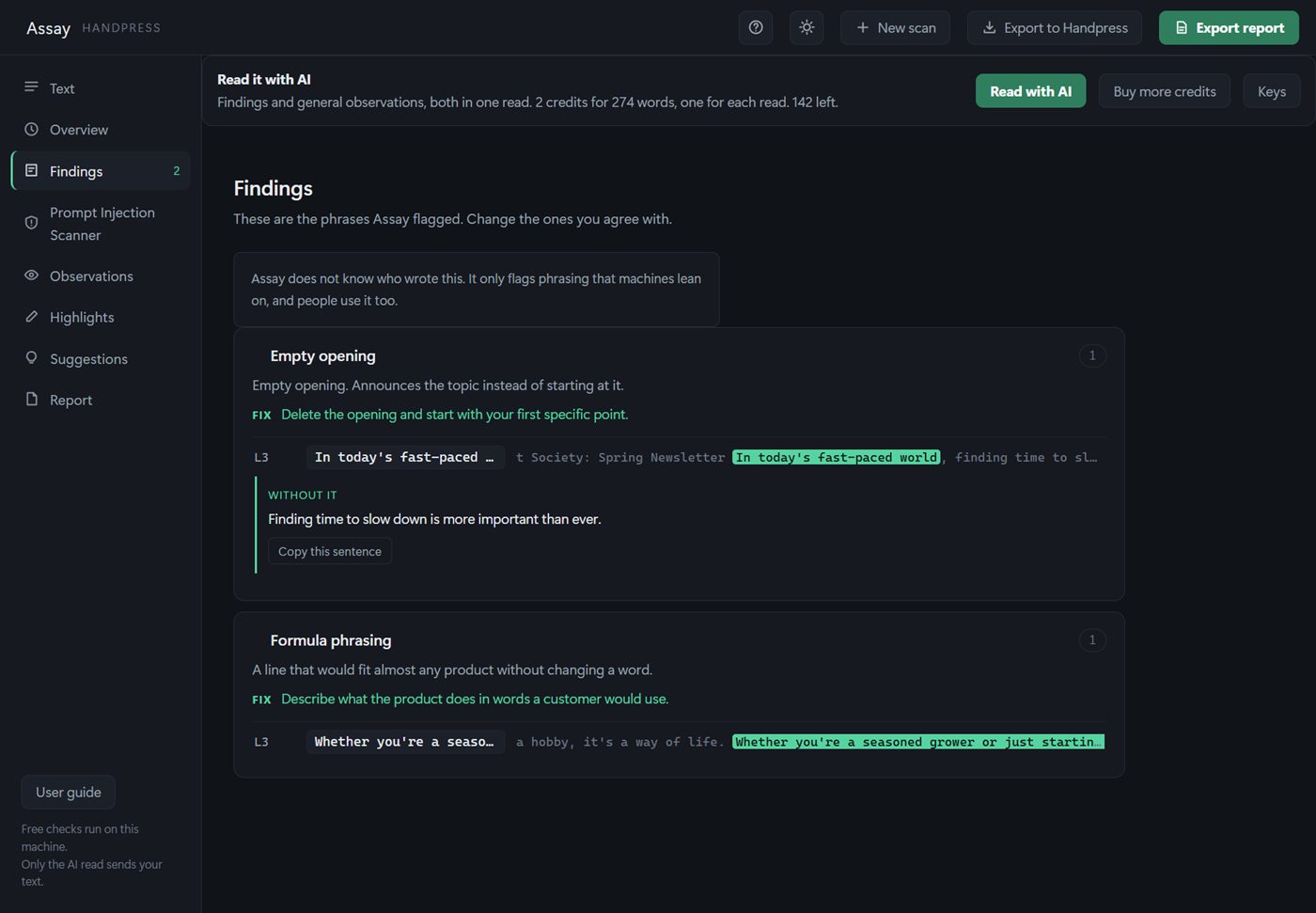The Findings screen listing flagged phrases grouped by reason