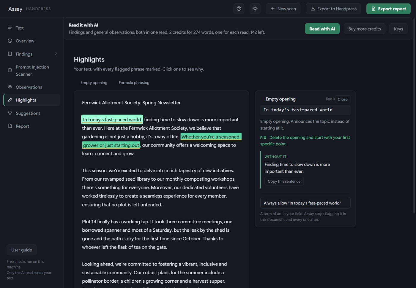 The Highlights screen with a flagged phrase selected and its details open