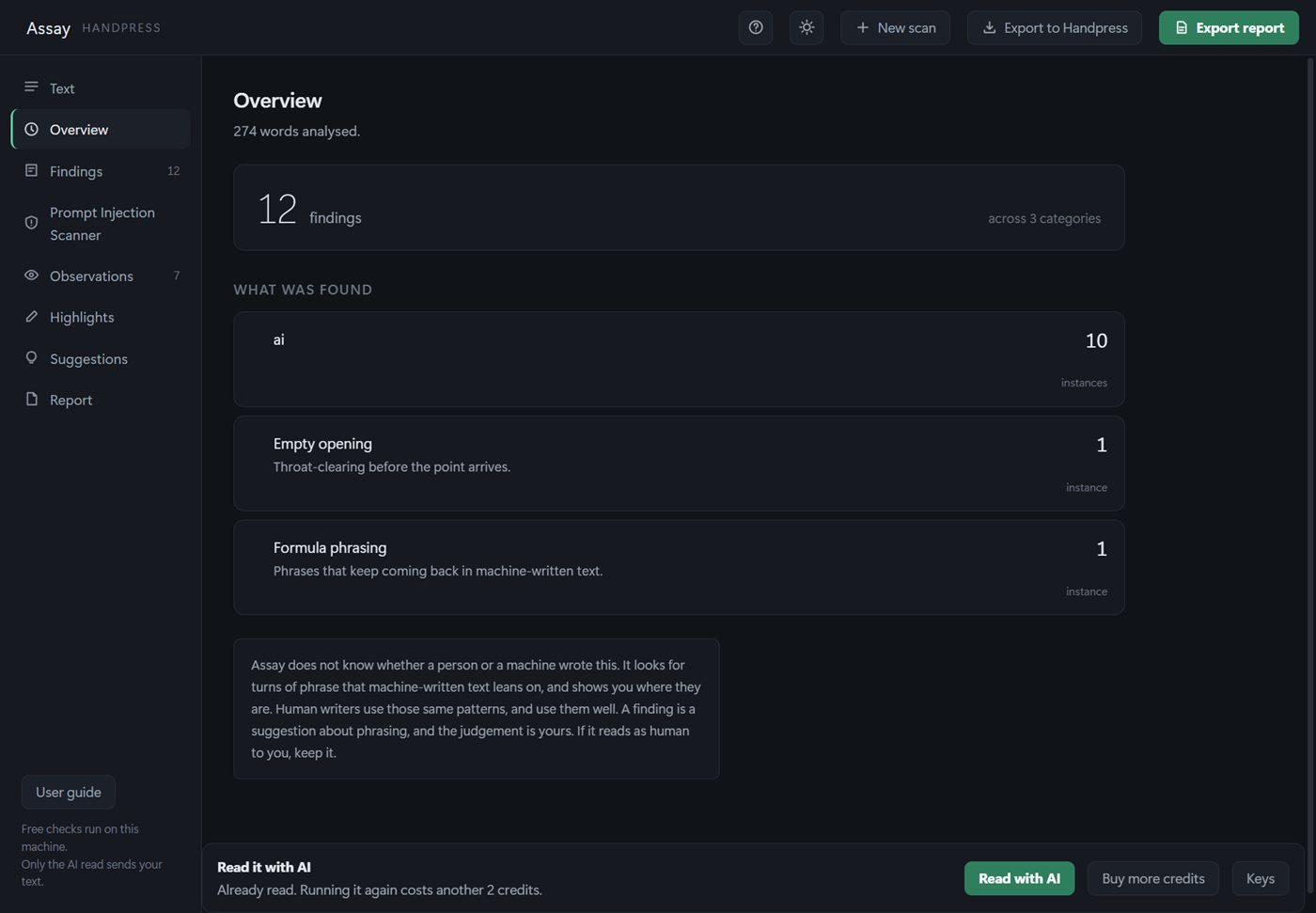 The Overview after an AI read, showing more findings