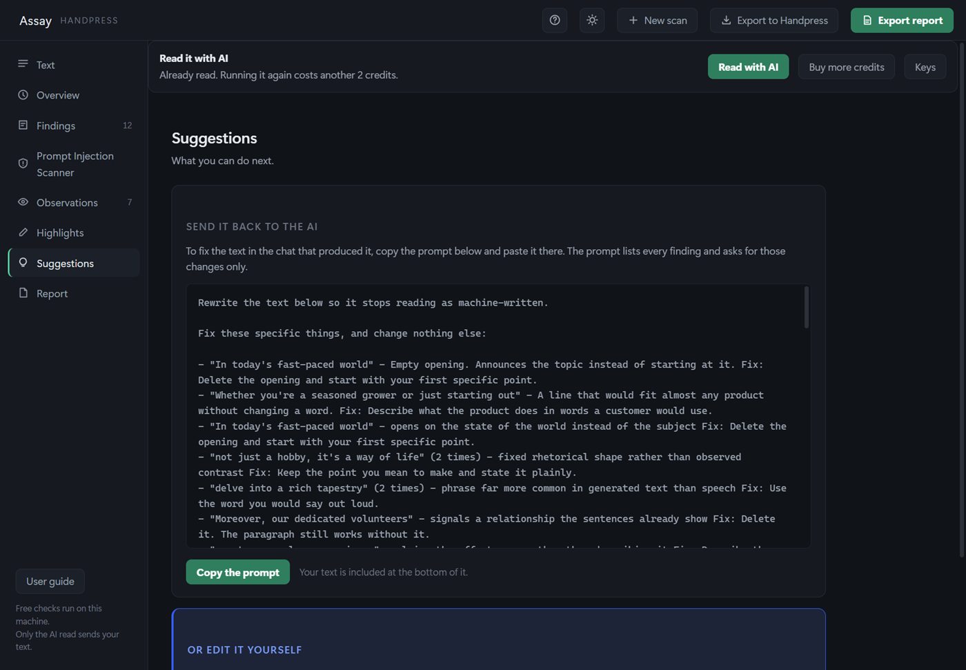 The Suggestions screen with a prompt to send back to the AI