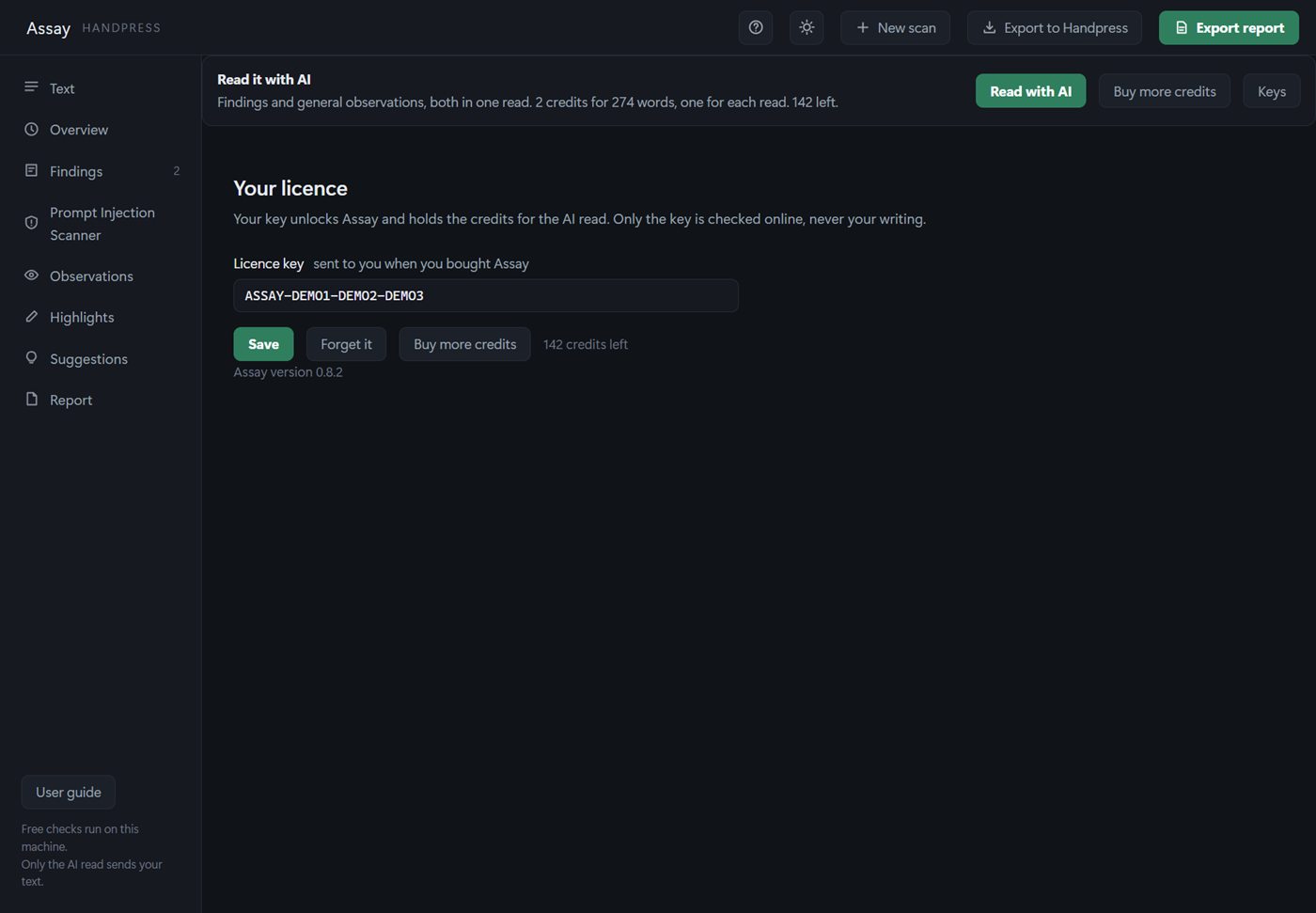 The Your licence page showing a key, 142 credits left and the version number
