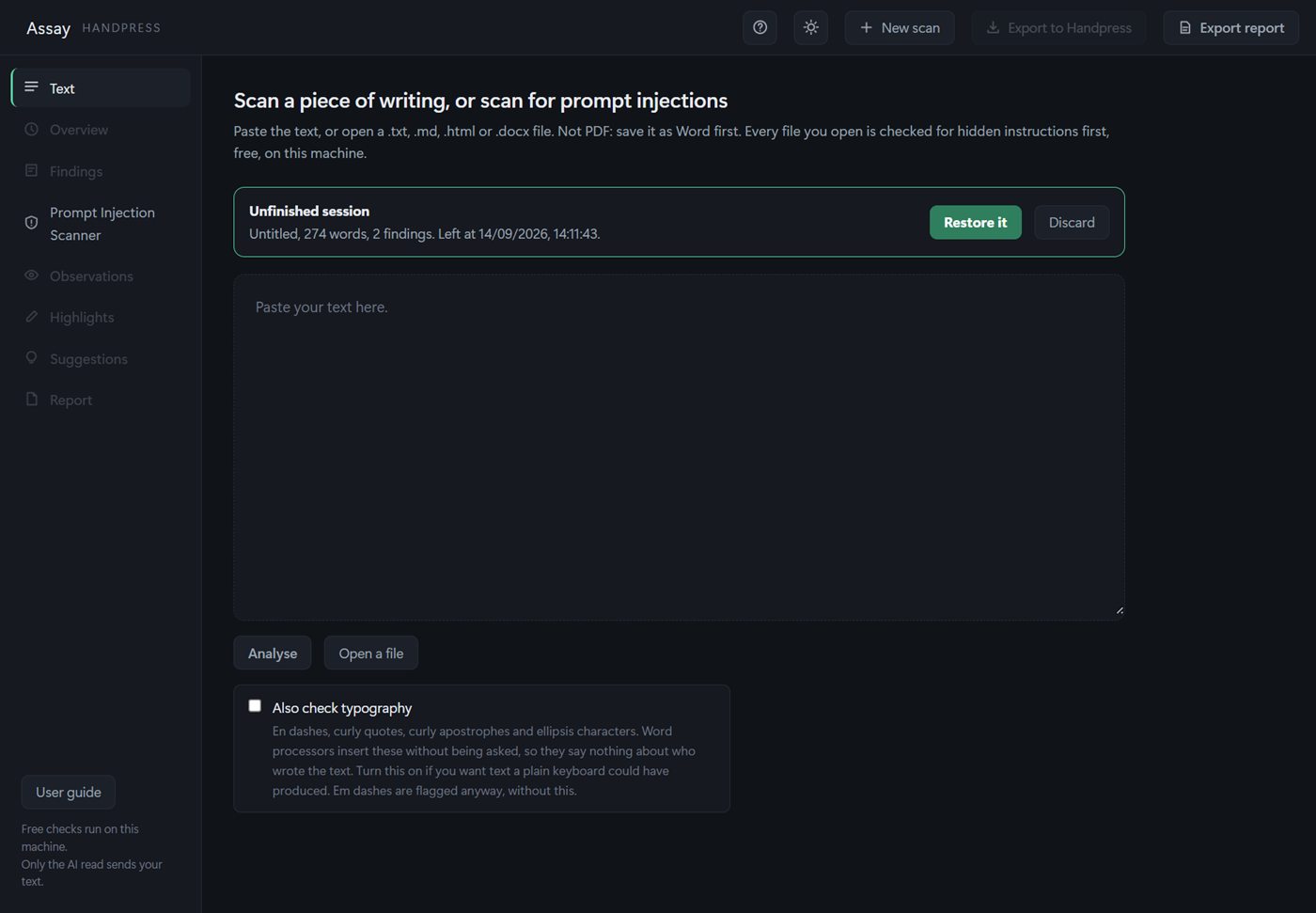 The Unfinished session bar with Restore it and Discard