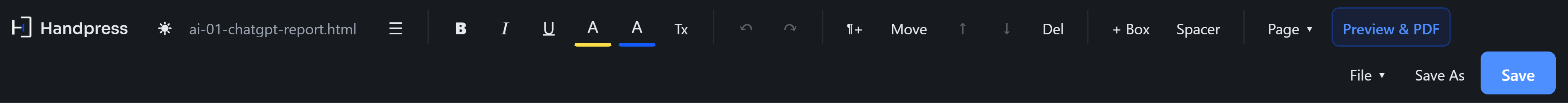 Handpress toolbar in dark mode with the Preview and PDF control